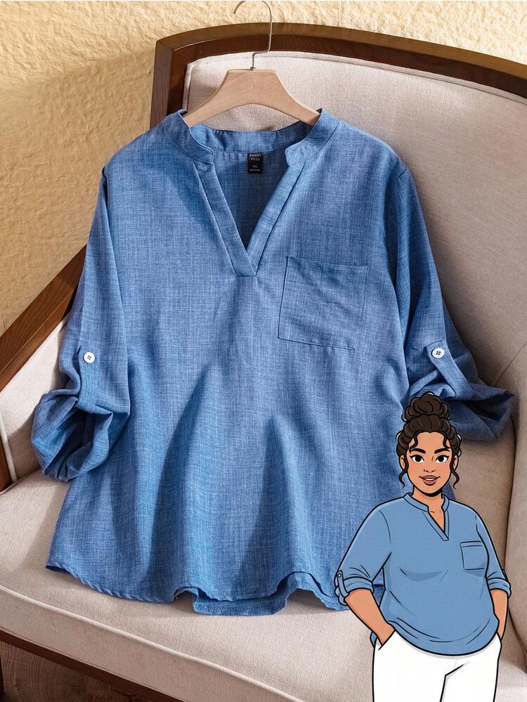 Plus Size Women Solid V-Neck Roll Sleeve Blouse,Western Wear Women,Spring/Summer/Vacation