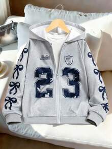 Tween Girls Casual Sports Jacket, Versatile Collegiate Style Bow & Number Graphic Raglan Sleeve Hooded Zip-Up Sweatshirt - Navy Blue - View 1