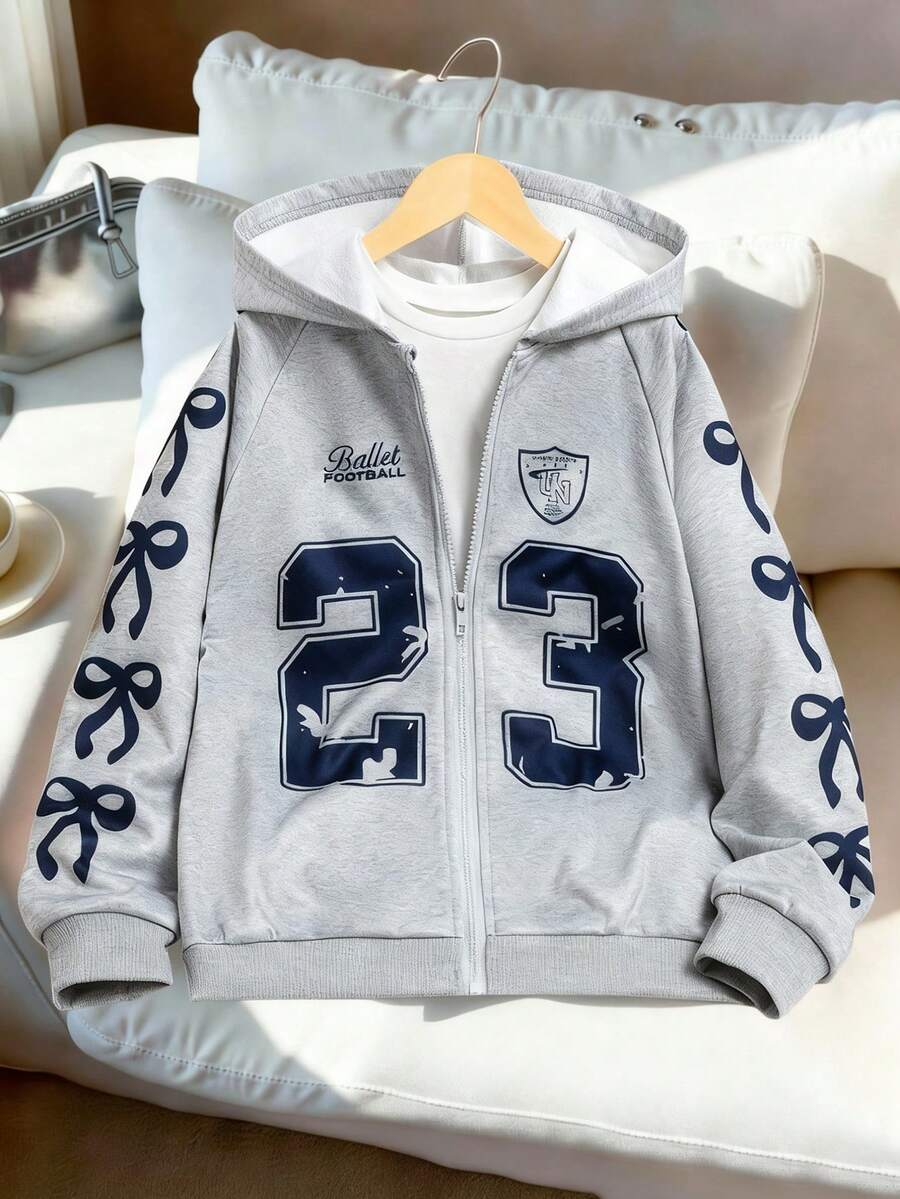 Tween Girls Casual Sports Jacket, Versatile Collegiate Style Bow & Number Graphic Raglan Sleeve Hooded Zip-Up Sweatshirt - Navy Blue - View 1