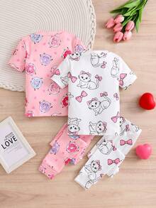 2pcs Girls' Cute Kitten, Bow, Donut Print Short Sleeve Top And Leggings Snug Fit Pajama Sleepwear Set - Multicolor - View 2
