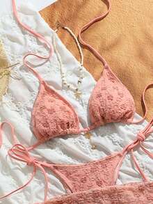 Swim Mod Women's Summer New Beach Vacation Ditsy Floral Swimsuit 3-Piece Set, Includes Sexy Spaghetti Strap Backless Bikini Top, Mesh Cover-Up, And Skirt - Dusty Pink - View 5