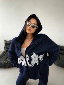 POPSWAY Conjunto de sudadera con capucha y pantalones de chándal estampados de estilo deportivo casual, chándal de punto de talla grande para otoño/invierno - Azul Marino - Ver 4