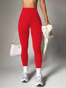 Easithlete 女士休闲无缝纯色提臀运动紧身裤 - 紅色 - 查看 2