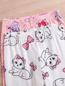 2pcs Girls' Cute Kitten, Bow, Donut Print Short Sleeve Top And Leggings Snug Fit Pajama Sleepwear Set - Multicolor - View 5