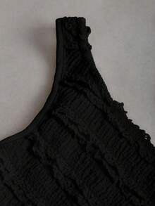 Sweetra Bộ 2 món áo thun trơn không tay nhún bèo kim loại Y2K dành cho nữ và chân váy mini viền nhún - màu đen - Xem 5