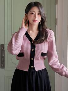 DAZY 女士优雅撞色拼接V领假口袋纽扣开衫，秋冬款 - 紫色 - 查看 3