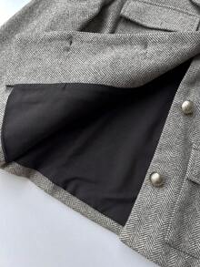 Elamini Women's Autumn/Winter Fashion Herringbone Wool Blend Metal Button Multi-Pocket Short Blazer And Pleated Mini Skirt Two Pieces Set, Elegant British Style - Brown - View 8