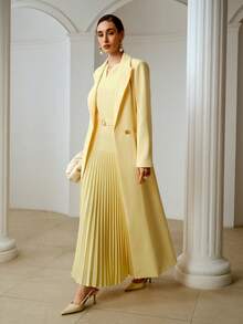 ZEYLAH Women's Solid Color Lapel Elegant Commuter Long Belted Blazer, Spring - Light Yellow - View 1
