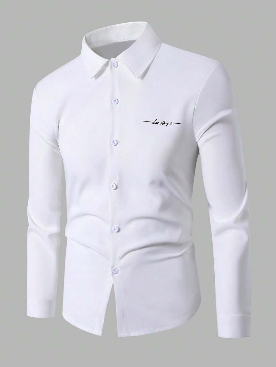 SHEIN 青少年男士休闲绅士学院风字母印花长袖衬衫 - 白色 - 查看 1