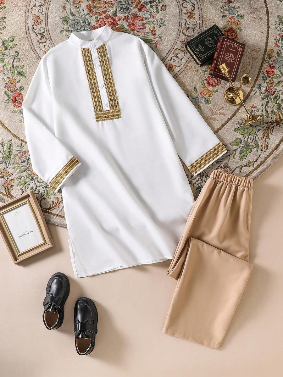 2pcs/Set Tween BoyCasual Long Robe With Stand Collar And Straight Leg Pants Outfit