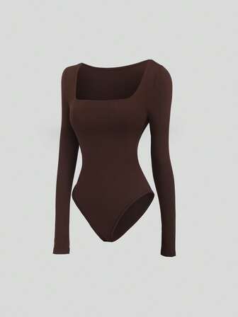 SHEIN Tall Body ajustado con cuello cuadrado sexy para mujer, color café, manga larga, primavera/otoño