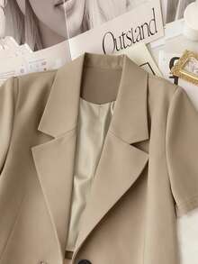 Franclia Chaqueta corta de mujer casual y ligera de unicolor con cuello de solapa y manga corta - Caqui - Ver 4