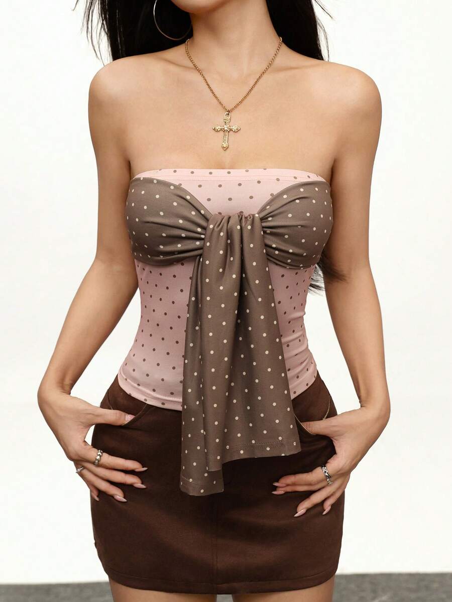 INAWLY 2025复古波点蝴蝶结抹胸女装 - 粉色 - 查看 1