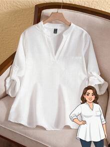 Rusticease 大码纯色 V 领休闲假日卷袖衬衫 - 白色 - 查看 1