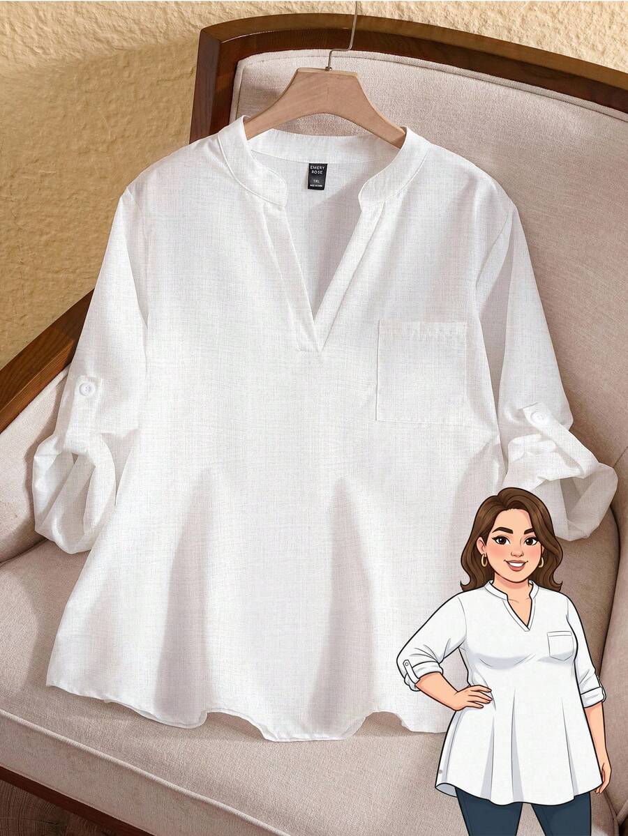 Rusticease 大码纯色 V 领休闲假日卷袖衬衫 - 白色 - 查看 1