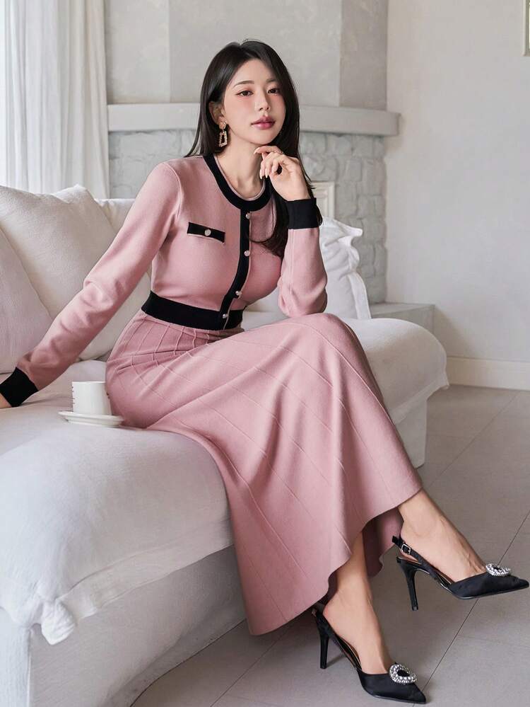 Women's Elegant Color Block Round Neck Faux Pocket Sweater Dress, Autumn/Winter