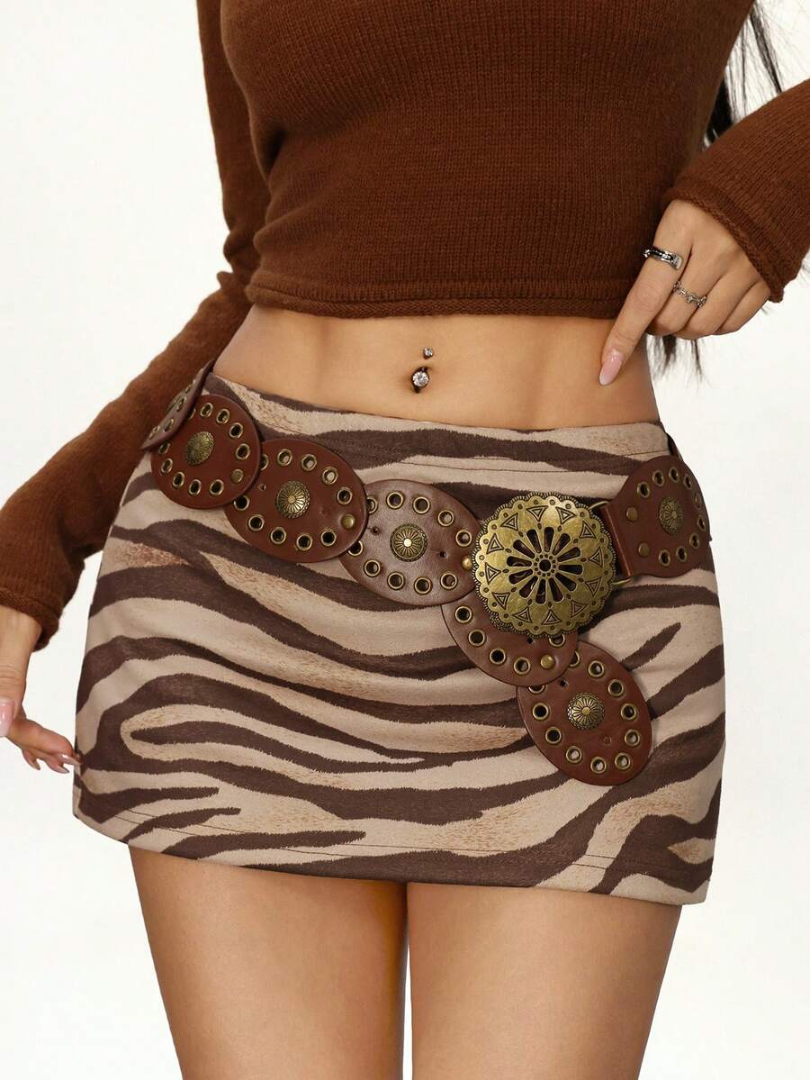 Rina Fox 2025 Minifalda sexy de cintura baja con estampado de cebra para fiesta - Marrón - Ver 1