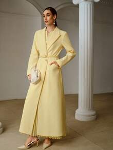 ZEYLAH Women's Solid Color Lapel Elegant Commuter Long Belted Blazer, Spring - Light Yellow - View 5