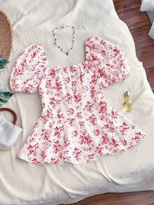 休闲 - 度假休闲系带随机印花花卉衬衫 - 紅色 - 查看 2