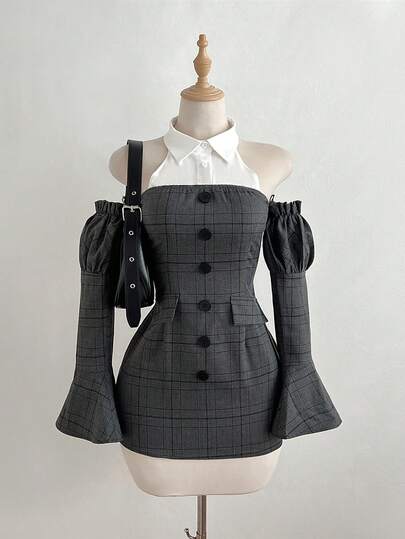 Elamini Vintage Women's Dress With Plaid Collar Patchwork, Faux Pocket Detail