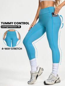 SHEIN Sovereign Charm Women's High Waist Blue Yoga Leggings With Pockets,Tummy Control Compression Fit Athletic Running Gym Activewear,4-Way Stretch Workout Slim Leggings - Baby Blue - View 1