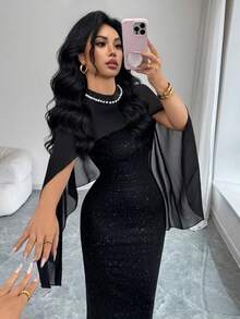 SHEIN Raffinéa 女士优雅黑色星空亮片珍珠装饰立领雪纺拼接披肩袖奢华派对迷你连衣裙 - 黑色 - 查看 3