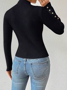 EMERY ROSE Women's Solid Color Long Sleeve Fitted Turtleneck Button Sweater Navy Blue - Black - View 2