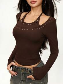 Rina Fox Áo thun dài tay cổ chữ V đính đinh tán ôm sát phong cách Châu Á gợi cảm dành cho nữ, thiết kế 2 trong 1, họa tiết đá pha lê cổ điển, thắt eo, áo thun cơ bản đa năng cho mùa xuân và mùa hè - Cà phê nâu - Xem 3