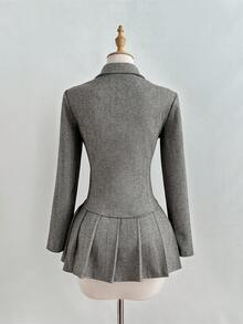 Elamini Women's Autumn/Winter Fashion Herringbone Wool Blend Metal Button Multi-Pocket Short Blazer And Pleated Mini Skirt Two Pieces Set, Elegant British Style - Brown - View 2