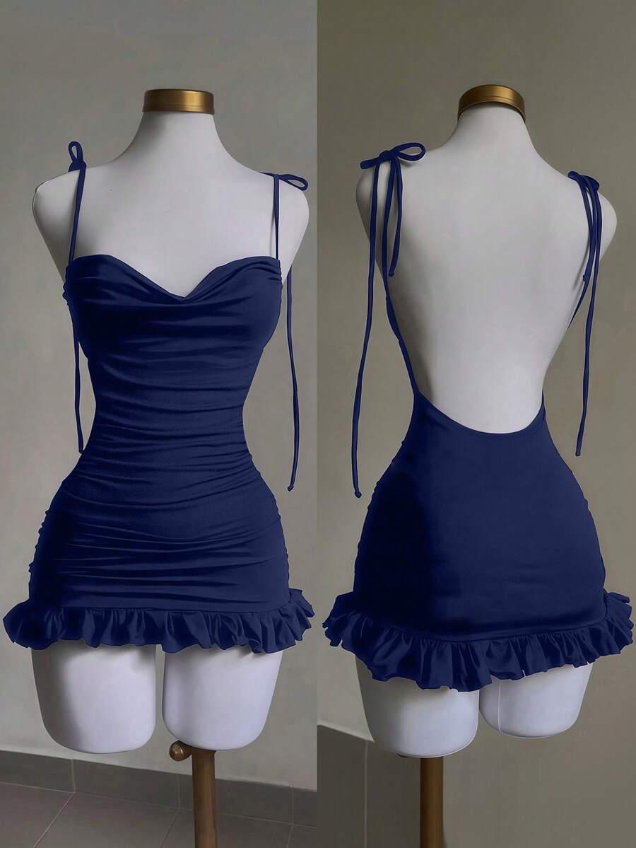 Franclia Váy ngắn hở lưng buộc bèo nhún gợi cảm dành cho nữ - Xanh đậm - Xem 1
