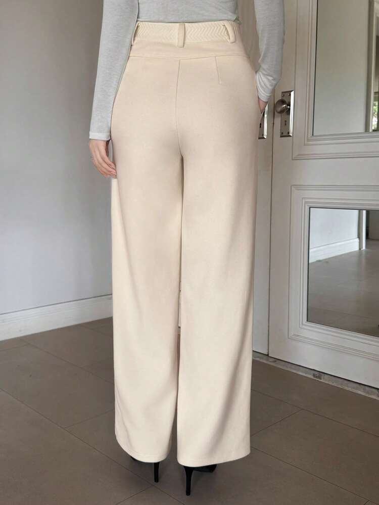 Women's Casual Solid Color Straight Leg Patchwork Waist Pants, Autumn/Winter