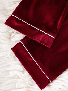SHEIN 2件套女童/女士休闲舒适柔软韩版抓绒面料睡衣套装，带口袋和爱心刺绣，长袖设计 - 紅色 - 查看 7