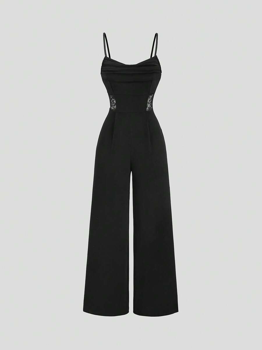 Sweetra 无袖连体裤，撞色蕾丝，直筒裤型，宽松版型，春秋季时尚新款。 - 黑色 - 查看 1