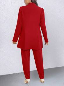 SHEIN Clasi Setelan Jas Bisnis Kasual Wanita Ukuran Besar, Warna Polos, Kancing Ganda, Lengan Panjang, Jaket dan Celana - Merah - View 2