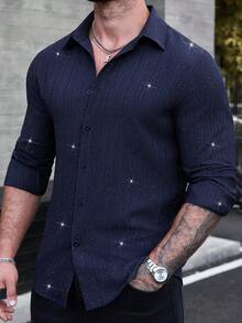 Manfinity Homme 男士纯色亮面单排扣休闲长袖衬衫 男士闪亮衬衫 男士水钻衬衫 男士奢华衬衫 星星衬衫 男士星星衬衫 - 藏蓝色 - 查看 3