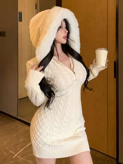 DAZY Women's Elegant Solid Color Hooded Fringe Knitted Sweater Dress, Autumn/Winter