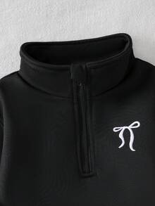 SHEIN Conjunto informal de sudadera con media cremallera y pantalón de chándal con bordado de lazo para bebé niña - Negro - Ver 5