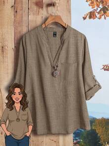 Rusticease 大码女式纯色V领卷袖衬衫，女式西装 - 駝色 - 查看 1