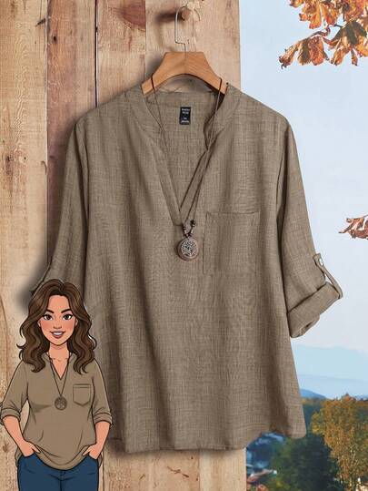 Rusticease Plus Size Women Solid V-Neck Roll Sleeve Blouse,Western Wear Women,Teacher Shirts,Fall Clothes For Women
