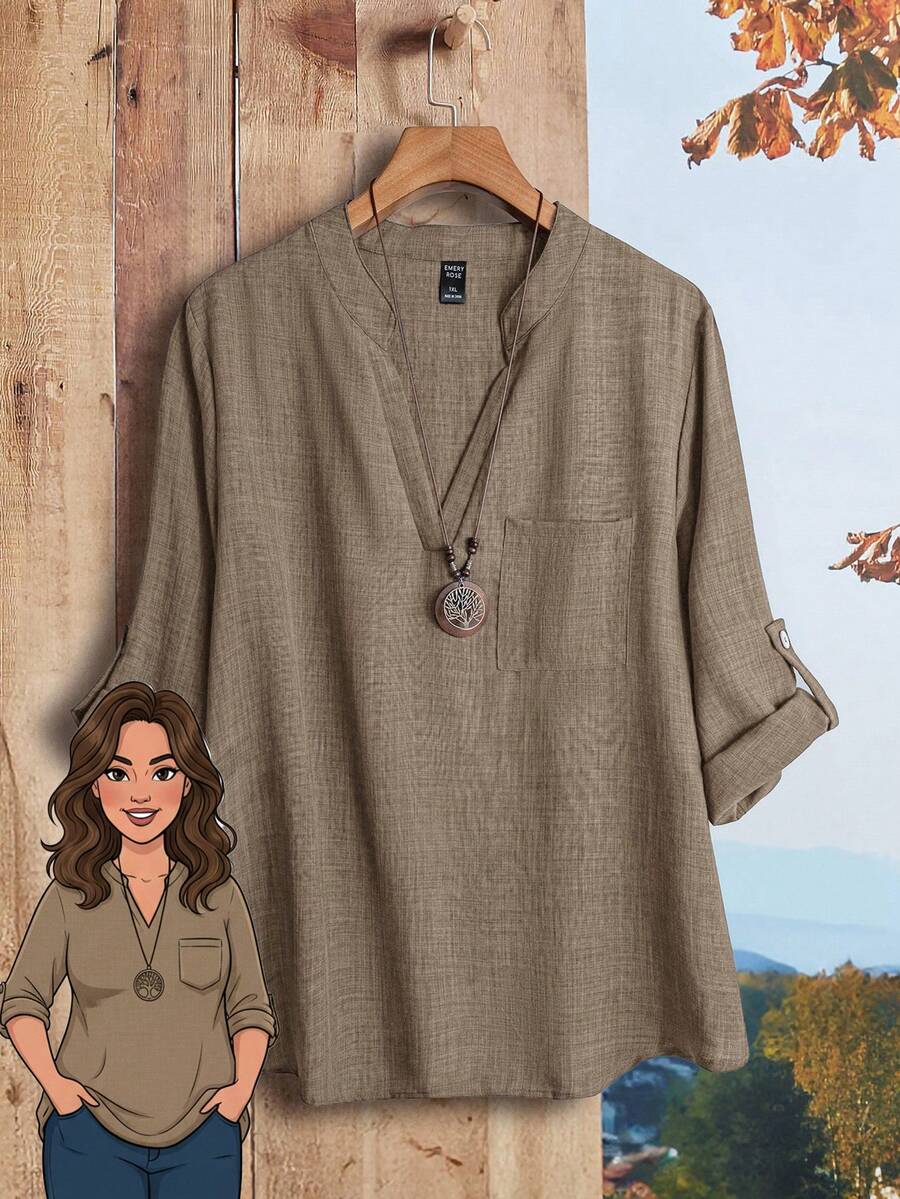 Rusticease 大码女式纯色V领卷袖衬衫，女式西装 - 駝色 - 查看 1