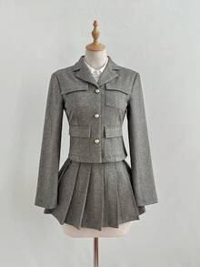 Elamini Women's Autumn/Winter Fashion Herringbone Wool Blend Metal Button Multi-Pocket Short Blazer And Pleated Mini Skirt Two Pieces Set, Elegant British Style - Brown - View 4