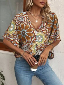 SHEIN LUNE Floral Print Batwing Sleeve Blouse Women Shirt - Orange - View 4