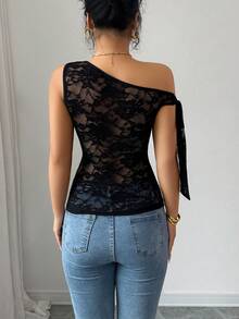 Elenzga Solid Color Asymmetric Neckline Lace-Up Sexy Women Top - Black - View 2