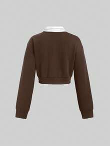 Sweetra 秋季新款美式复古休闲条纹宽松套头衫二合一 Polo 领长袖卫衣 - 棕色 - 查看 2