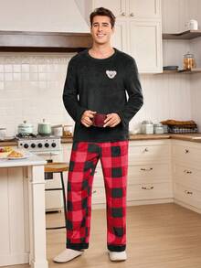 男士可爱考拉刺绣格子图案圆领宽松加厚舒适情侣睡衣套装