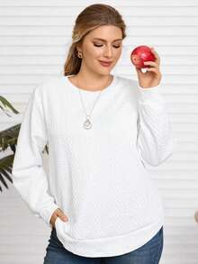 Rosumi Sweatshirt Lengan Panjang Bertekstur Ukuran Besar dengan Kerah Bulat untuk Musim Gugur dan Musim Semi - Putih - View 1