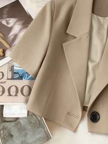 Franclia Chaqueta corta de mujer casual y ligera de unicolor con cuello de solapa y manga corta - Caqui - Ver 3