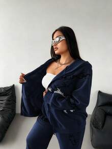 POPSWAY Conjunto de sudadera con capucha y pantalones de chándal estampados de estilo deportivo casual, chándal de punto de talla grande para otoño/invierno - Azul Marino - Ver 3