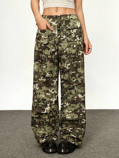 Rina Fox 2025 Women's American Style Heavy Camo Cargo Straight Leg Casual Pants, Autumn