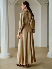 ZEYLAH 优雅裹身式翻领长袖束腰连衣裙，复古风，春夏款 - 卡其色 - 查看 3
